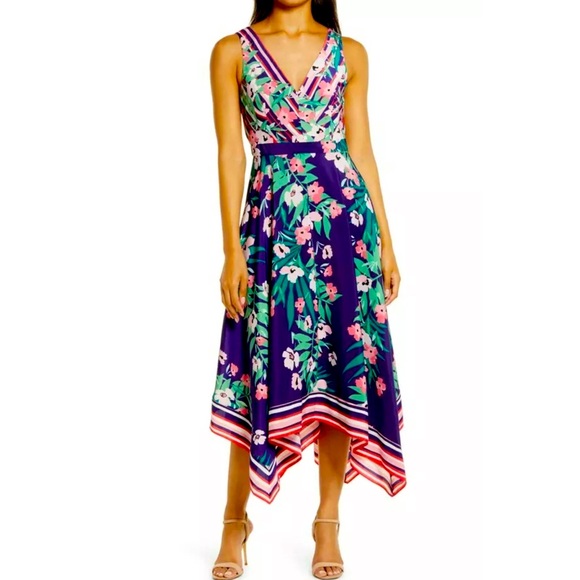 VINCE CAMUTO Floral V-neck Dress In Indigo Combo SIZE 12 NEW - spring-ready! - Picture 1 of 2